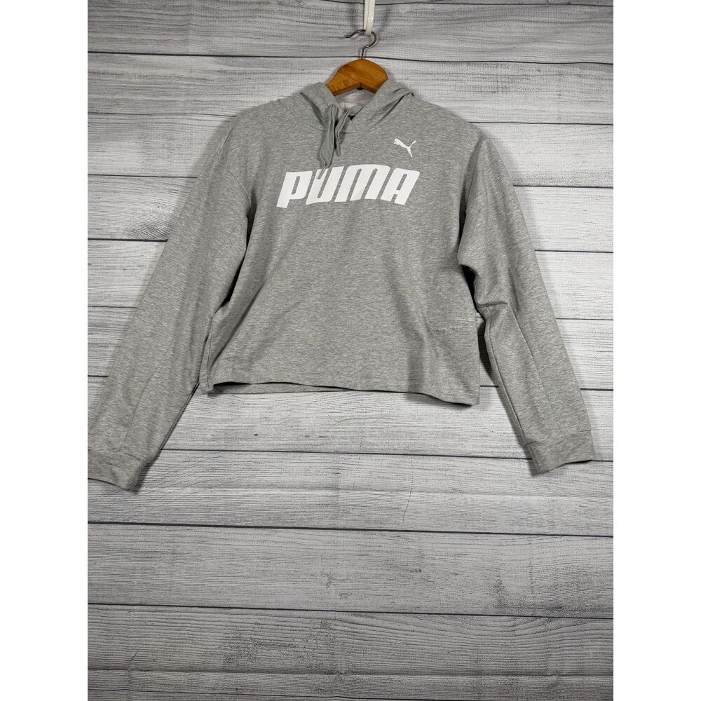 Puma Women’s Medium Gray Logo Cropped Pullover Hoodie Sweatshirt 4176